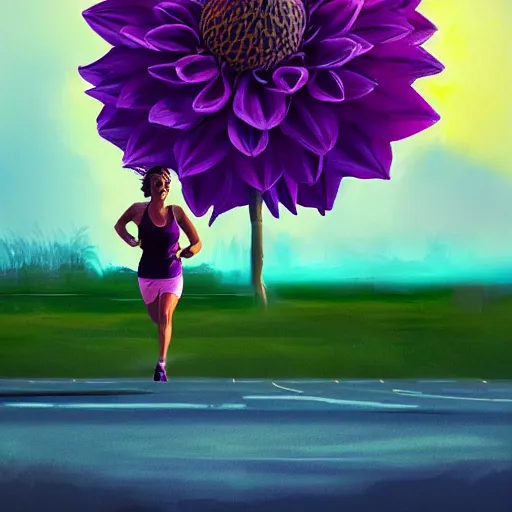 Image similar to portrait, giant purple dahlia flower head, woman running at orange beach, surreal photography, sunrise, blue sky, dramatic light, impressionist painting, digital painting, artstation, simon stalenhag