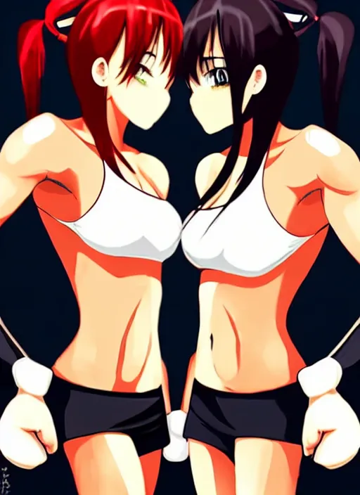 Prompt: two beautiful female boxers facing each other, black top, dim lighting, gorgeous features, smooth, detailed anime art