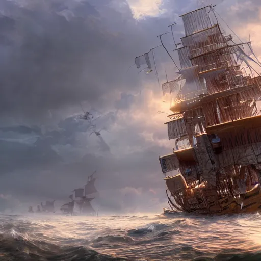 Image similar to A Wide Shot artistic masterpiece of a giant pirate ship, sun, clouds, ocean, 4k, ultra detailed, artstation