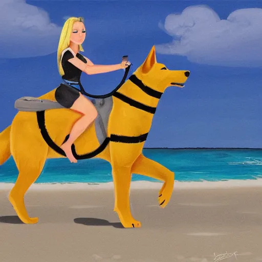 Image similar to girl riding a giant German shepherd at the beach, trending on artstation