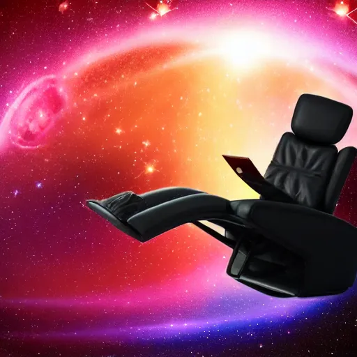 Image similar to a person floating out of their recliner chair, dramatic galaxy background scene, stars planets suns