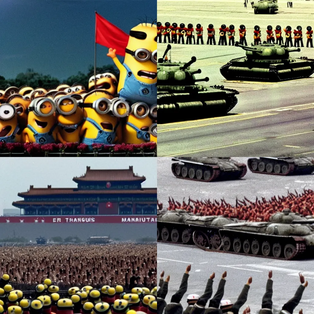 Prompt: Tiananmen square massacre except the minions are standing in front of the tank, historical footage