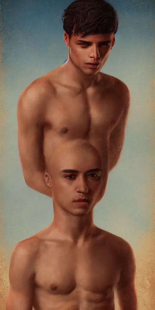 Prompt: portrait of a handsome shirtless young latino man in the mexican desert, art by manuel sanjulian and tom bagshaw