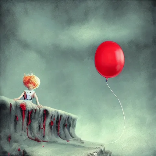 Image similar to grunge cartoon landscape painting of bilie eilish with a wide smile and a red balloon by - michal karcz, loony toons style, pennywise style, horror theme, detailed, elegant, intricate