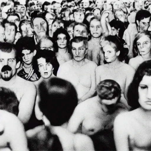 Image similar to high quality high detail photograph by diane arbus, hd, odd people in a frenzy, aggression, disfiguration, intense psychological triller, photorealistic lighting