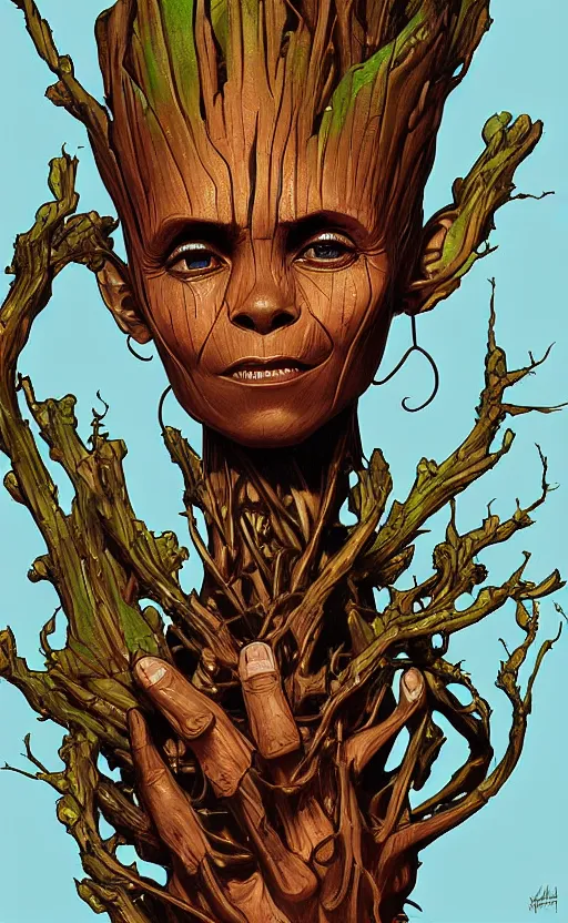 Prompt: Groot, highly detailed, digital painting, artstation, concept art, smooth, sharp focus, illustration, art by artgerm and alphonse mucha, high definition digital art, in the style of ilya kuvshinov and Ross tran