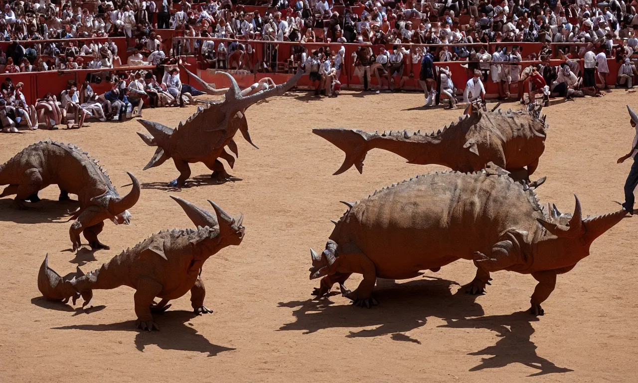 Image similar to a toreador facing off against a horned dinosaur in the plaza de toros, madrid. extreme long shot, midday sun, kodachrome