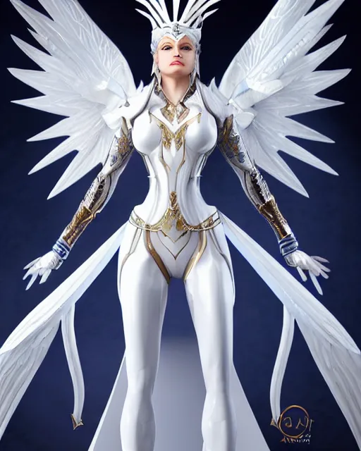 Image similar to perfect white haired egyptian goddess wearing white dove wings, warframe armor, regal, attractive, ornate, sultry, beautiful, ice queen, half asian, pretty face, blue eyes, detailed, scifi platform, 4 k, ultra realistic, epic lighting, android body, illuminated, cinematic, masterpiece, art by akihito tsukushi, voidstar