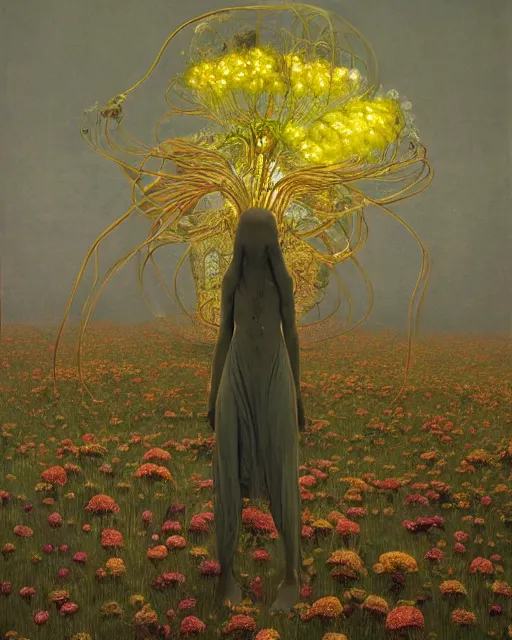 Prompt: Woman wearing clothes made out of dying flowers, Portrait, Masterpiece, glass, flat background, yellow skin, glowing, wires everywhere, by Edgar Maxence and Ross Tran, Zdzisław Beksiński, and Michael Whelan, distant, gustav dore, H.R. Giger, 8k, octane render