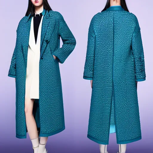 Image similar to fashion 2 0 5 0 fantastic openwork long coat with intricate pattern on a beautiful symmetrical girl with blue hair, hyper realistic photos