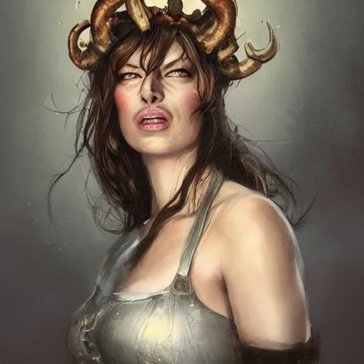 Image similar to doctor octavius as an attractive young smiling woman played by milla jovovich wearing a mushroom crown and heavy armoured wedding dress, face portrait, hd shot, digital portrait, elegant, beautiful, fantasy art, artstation, comic style, by artgerm, guy denning, jakub rozalski, magali villeneuve and charlie bowater