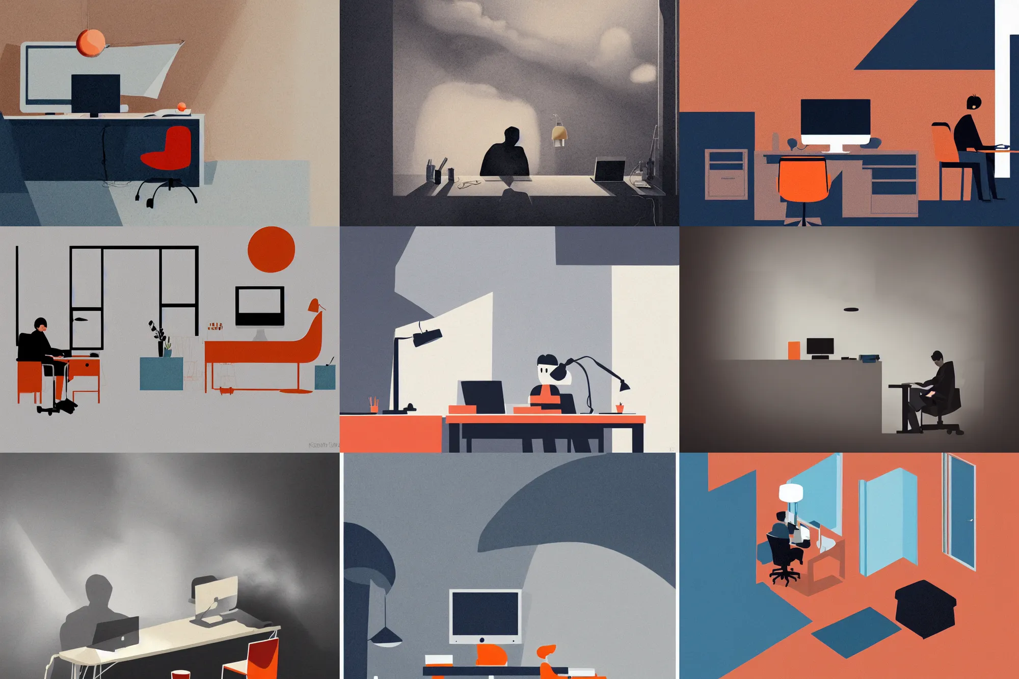 Prompt: home office interior,, editorial illustration by karolis strautniekas and mads berg, liquid clouds, fog, lonely worker at computer, red orange blue beige, fine texture, detailed, muted colors, film noir, dramatic lighting, dynamic composition, vivid, matte print, wide angle, ( ( sunbeams ) ), moody, extreme perspective