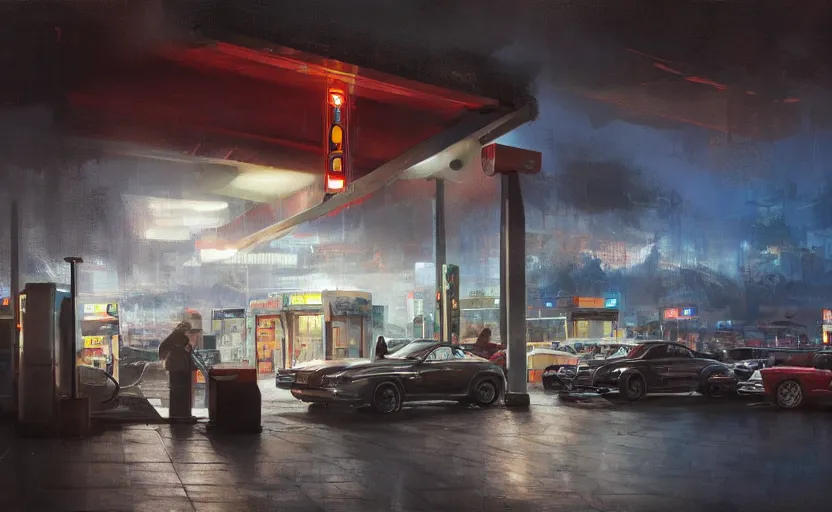 Image similar to Gas station, intricate, elegant, volumetric lighting, digital painting, highly detailed, artstation, sharp focus, illustration, concept art, ruan jia, steve mccurry