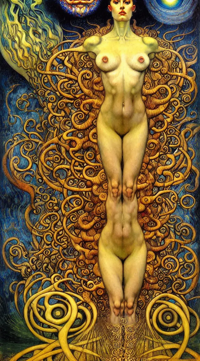 Image similar to Divine Chaos Engine by Karol Bak, Jean Delville, William Blake, Gustav Klimt, and Vincent Van Gogh, symbolist, visionary