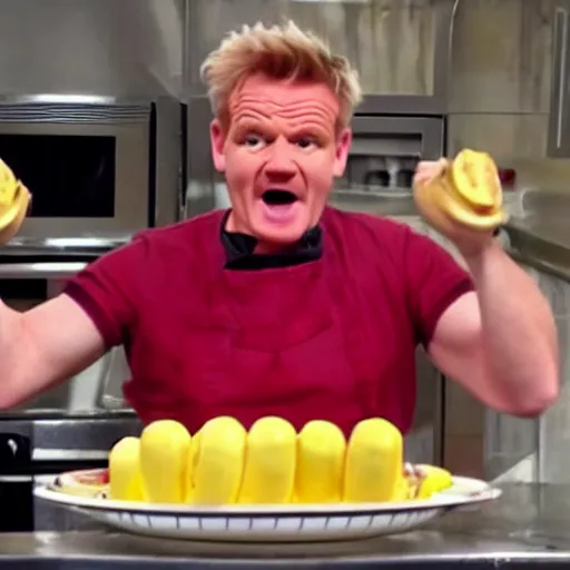 Prompt: Gordon Ramsey screaming at bananas in pyjamas in the kitchen