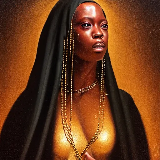 Image similar to a portrait of a young black woman wearing a long dark cloak, hood and shadows covering face, holding golden chains, oil painting, matte painting, black background, Volumetric Golden dappled dynamic lighting, Highly Detailed, Cinematic Lighting, Unreal Engine, 8k, HD, by Beksinski