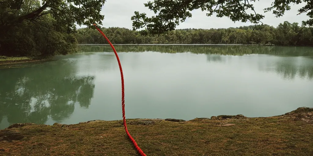 Prompt: symmetrical color photograph of a very long rope on the surface of the water, the rope is snaking from the foreground stretching out towards the center of the lake, a dark lake on a cloudy day, trees in the background, anamorphic lens