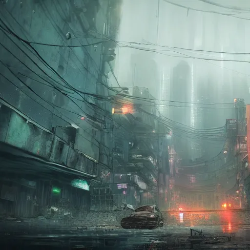 Image similar to an abandoned dystopian cyberpunk city with a bad weather and foggy sky, award winning, trending on artstation, unreal engine