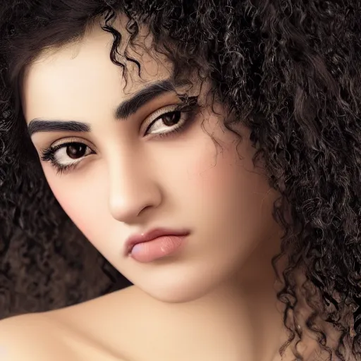 Image similar to portrait of a persian young lady with curly black hair, photo, realistic, focused, detailed