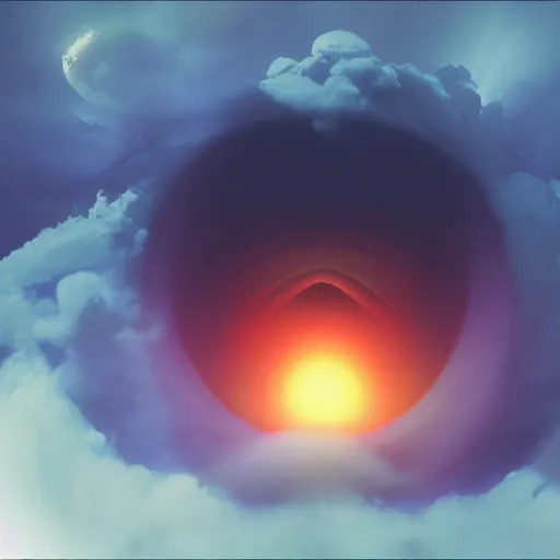 Prompt: all seeing eye floating in the clouds, illuminati, chroma coloring, cosmic, space clouds, implosion, render, concept art, 8k