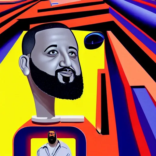 Image similar to ultra realistic portrait of dj khaled in a studio, ultra detailed, under blue, red and yellow cinematic lighting, salvador dali, cartoon, monument valley, escher