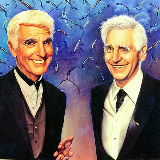 Image similar to Leslie Nielsen and Jim Carrey, artwork by Daniel Merriam,