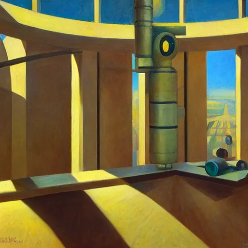 Image similar to three brutalist robotic seers watchers oracles soothsayers inside a dome, pj crook, grant wood, edward hopper, syd mead, oil on canvas