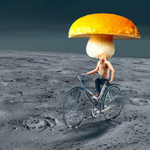 Image similar to a wheel of cheese is cycling fast on a bike on the surface of the moon and drives away from a huge and dangerousmushroom cloud of a nuclear explosion. photorealistic