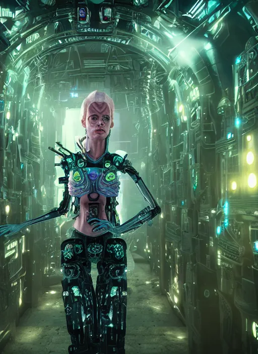 Prompt: 35mm portrait of 7 of 9 borg on the background of a weird magical mechanical forest. Round gears visible inside her hear. Very detailed 8k. Fantasy cyberpunk horror. Sharp. Unreal 5 render with nanite, global illumination and path tracing. Cinematic post-processing