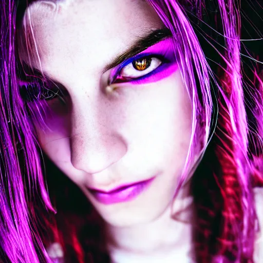 Image similar to detailed photo portrait of a furious teen girl with thin, hair-like purple tentacles on her head and bright purple eyes, 8k, trending on DeviantArt, face enhance,hyper detailed ,full of colour, dramatic lightning