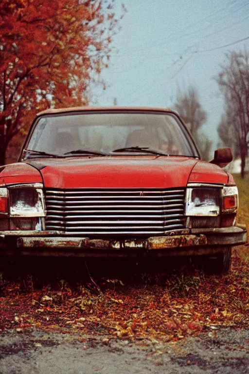 Image similar to a lomographic photo of old lada 2 1 0 7 standing in typical soviet yard in small town, autumn, cinestill, bokeh