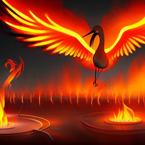 Image similar to in the lower part of the picture is the harp burning in the fire, above are cranes flying in flames, digital painting, concept art