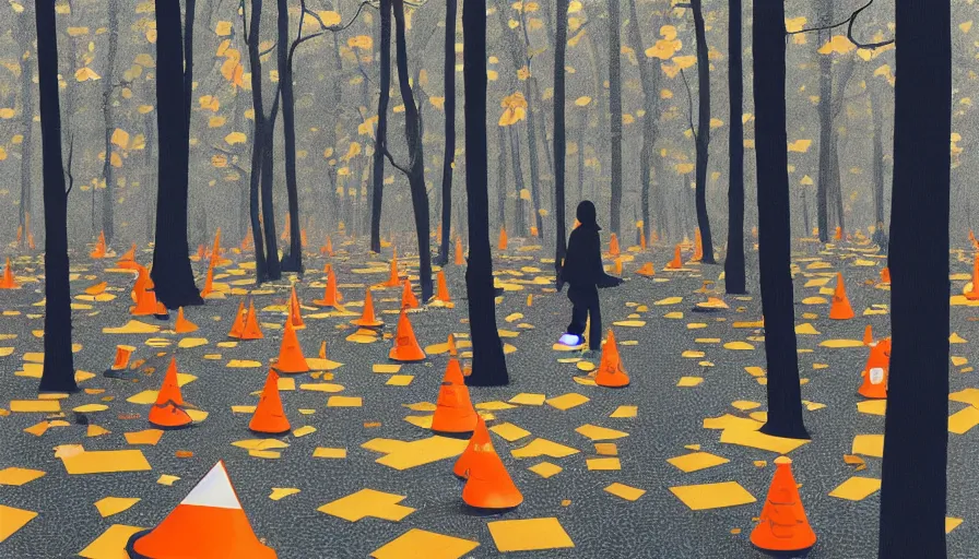 Image similar to safety cones scattered around an oak tree forest, checkered floor, by james jean by ilya kuvshinov kintsugi, hyper detailed surrealist painting