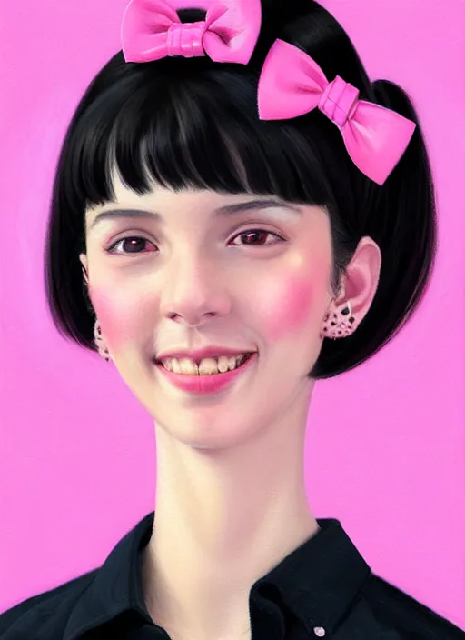 Image similar to portrait of high school girl, realistic, black hair, bangs, half updo hairstyle, pointy nose, skinny, smile, ugly, defined jawline, big chin, pink hair bow, earrings, intricate, elegant, glowing lights, highly detailed, digital painting, artstation, sharp focus, illustration, art by wlop, mars ravelo and greg rutkowski