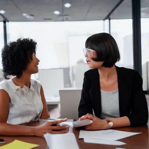 Image similar to two women talking in an office