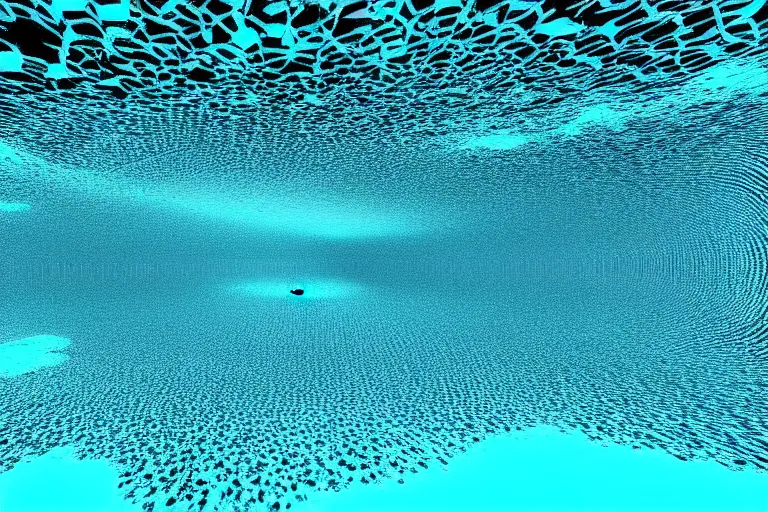 Prompt: an underwater cave made out of multiple overlays of complex scientific data visualized on top of each other, bar charts, plexus, thick and thin lines, waveforms on top of square charts, topographic scan, space molecules, radio signals, negative space