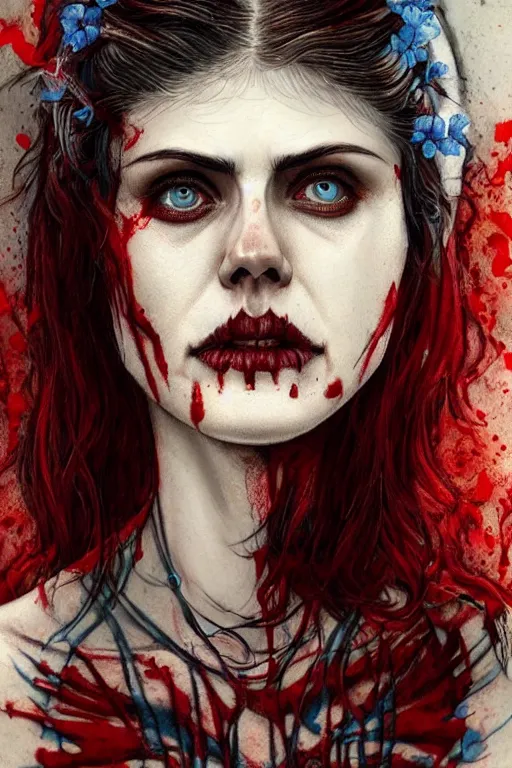 Image similar to woman covered with blood, covered with skeleton tattoo, alexandra daddario face!!!, masterpiece portrait, long red hair, beautiful blue eyes, ultra realistic, concept art, intricate details, highly detailed, photorealistic, octane render, 8 k, unreal engine. retro film still, heavy grain, 3 5 mm, art by artgerm and greg rutkowski and alphonse mucha