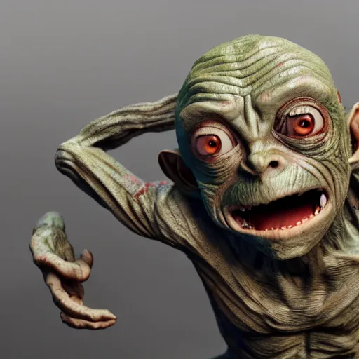 Prompt: gollum as a titan, attack on titan, claymation, 8 k, hyperdetalied, cgsociety