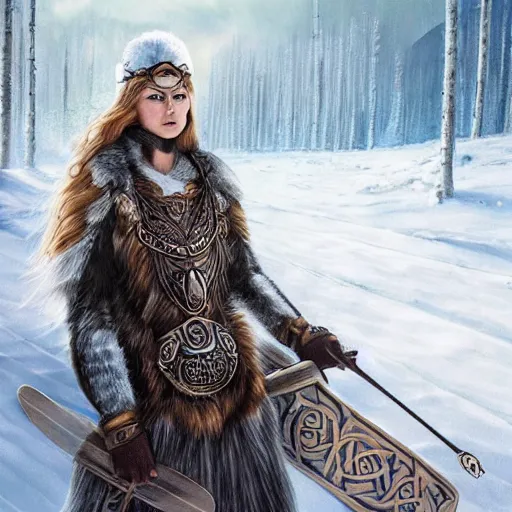 Image similar to there once was a norse goddess named skadi a winter ruler in huntress'body an expert at skiing her enemies fleeing ester ledecka she did embody..., digital art, irina french, heraldo ortega, mandy jurgens, golden ratio, art canvas, award winning, masterpiece trending on artstation 8 k 1 5 0 mpx