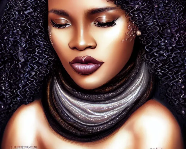 Image similar to A beautiful black skinned woman wearing a scarf with large lips and smooth eyebrows and curly hair, complimentary eyeliner, light blush and metallic eyeshadow, HD, illustration, epic, fantasy, intricate, elegant, amazing detail, digital painting, artstation, concept art, smooth, sharp focus, illustration, art by Turine Tran