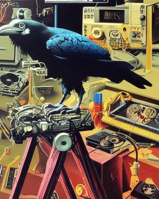 Image similar to a raven skull observing 8 0 s era technology, vintage shapes, retro technology, vintage color, wayne barlow, oil on canvas, deep depth of field, masterpiece, cinematic composition, hyperdetailed