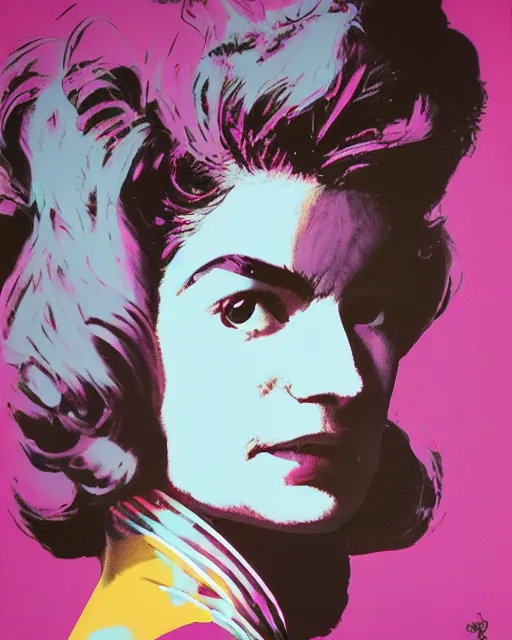 Image similar to beautiful fantasy character portrait, jacqueline kennedy silk screen print by andy warhol, wearing oversized puffy pink bomber jacket and black bikini, ultra realistic, wide angle, seductive pose, cyberpunk artifacts, highly detailed by peter mohrbacher, hajime sorayama, wayne barlowe, boris vallejo, aaron horkey, gaston bussiere, craig mullins