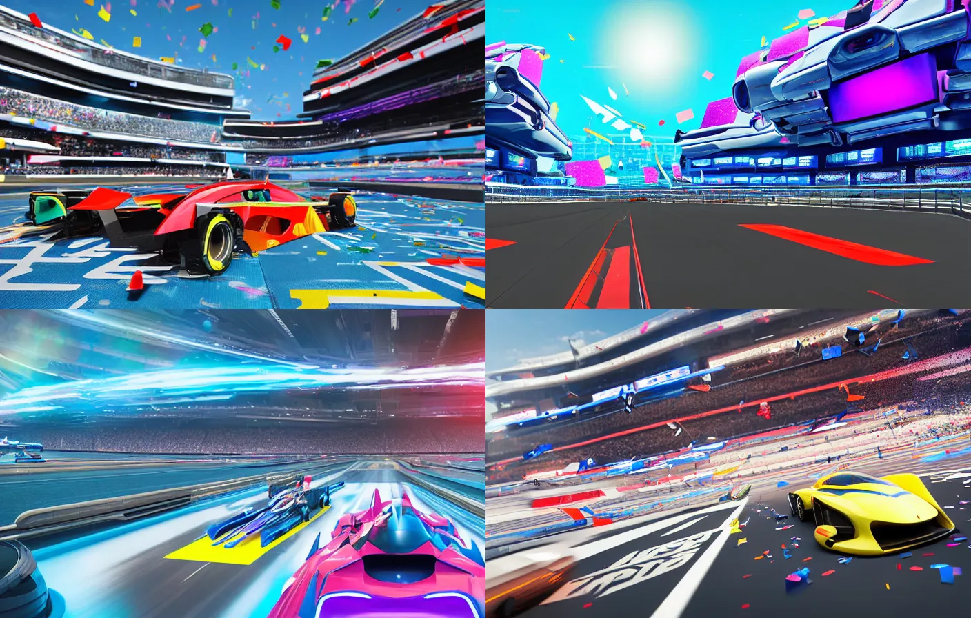 Image similar to wide angle shot of a futuristic racetrack from the attendee stands with confetti on a sunny day with a clear blue sky and big tv screens in the background showing the car race, cyberpunk, profile shot, digital painting, good value control, unreal engine 5, fourze, realistic textures, wipeout 2 0 4 8, f - zero