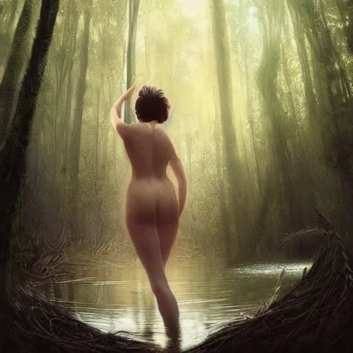 Image similar to forest nymph rising from the water. view from behind, wide angle view, back view. nuri iyem, james gurney, james jean, greg rutkowski, anato finnstark, davinci, emma watson, gigachad. trending on artstation, starlight, and enchanted dreams. instagram photo shoot, trending on pinterest, corrected hand, perfect hands