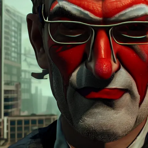 Prompt: cinematic shot of gordon freeman with joker face paint, 8 k, very detailed, half - life 2, very intricate,