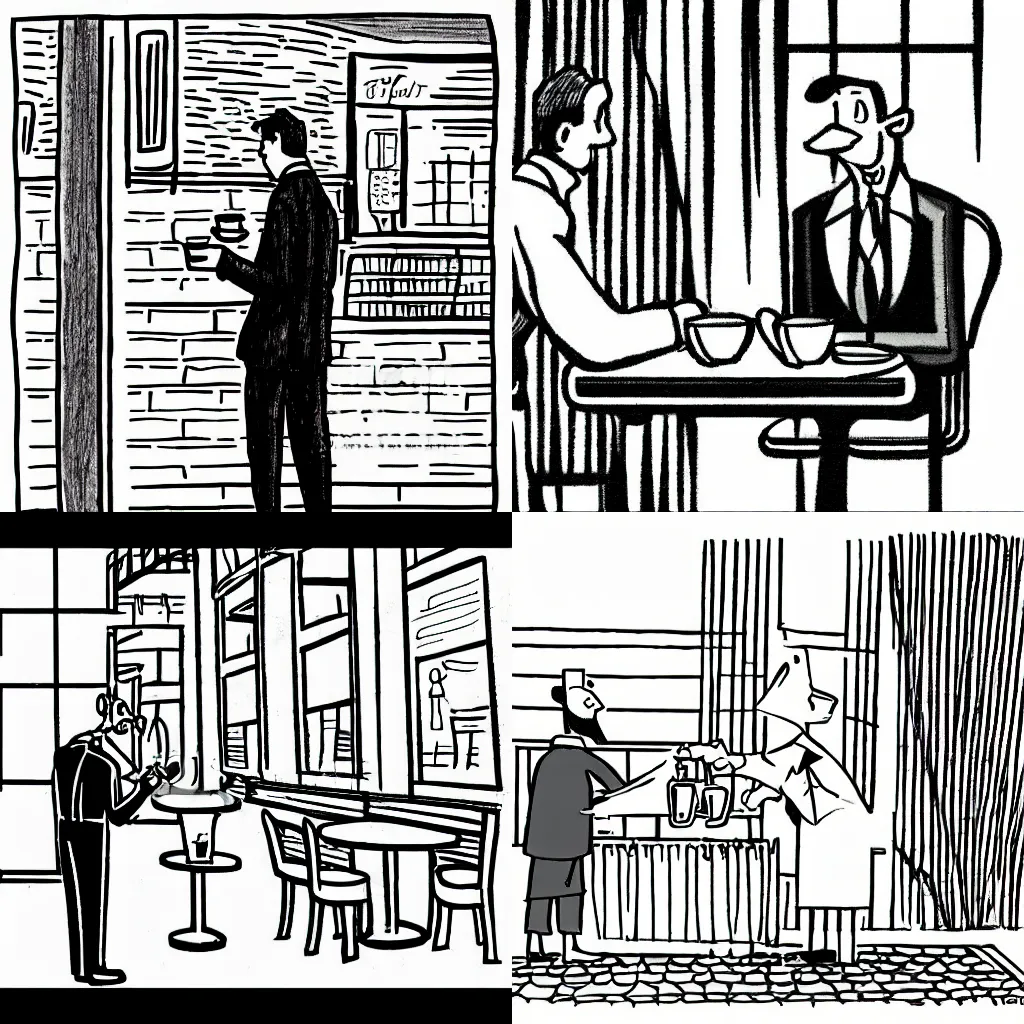 Prompt: a waiter serving coffee to a man reading the news paper. line drawing. vignette. comic style..