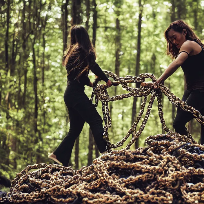 Image similar to a closeup of a woman dragging a pile of chains, in a forest, by Omar Z. Robles, CANON Eos C300, ƒ1.8, 35mm, 8K, medium-format print