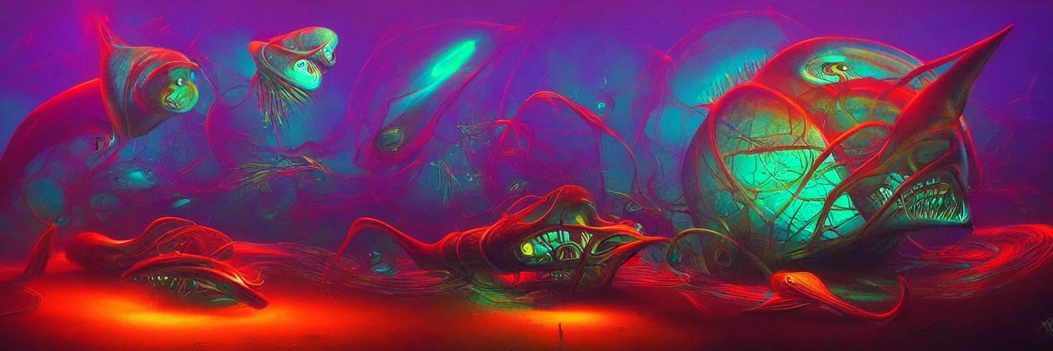 Image similar to strange alien fish creatures from the depths of the collective unconscious, dramatic lighting, surreal darkly colorful painting by ronny khalil