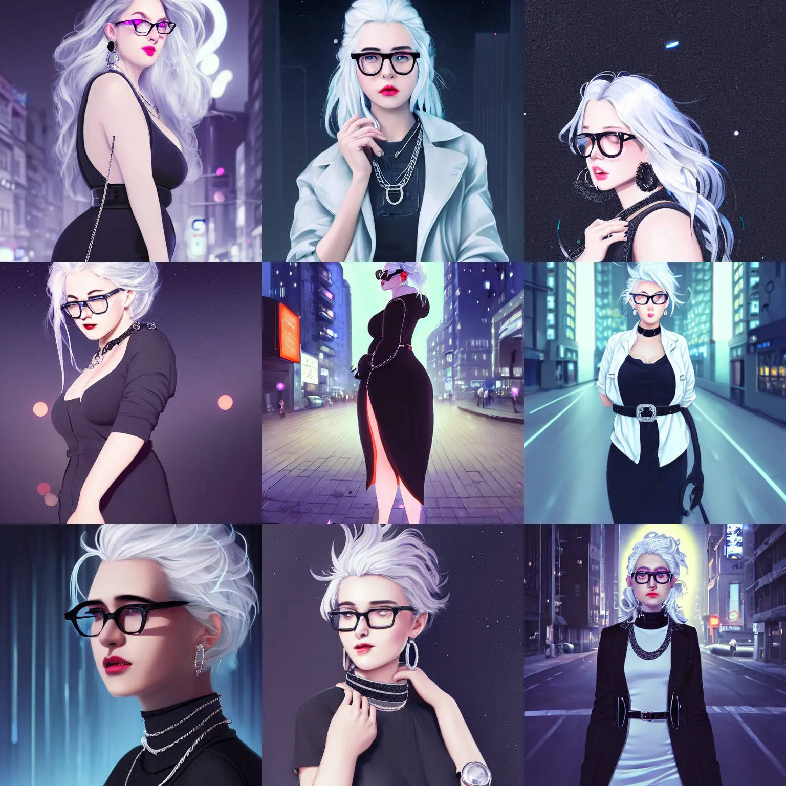 Prompt: beautiful curvy female, white gray hair, black denim dress with belt around waist, black frame glasses, silver shining necklace earrings and rings, elegant, on sidewalk, night life in background neon lights, depth of field, particles, lighting at night, artstation, art by wlop, guweiz, artgerm, digital painting, highly detailed, perfect face