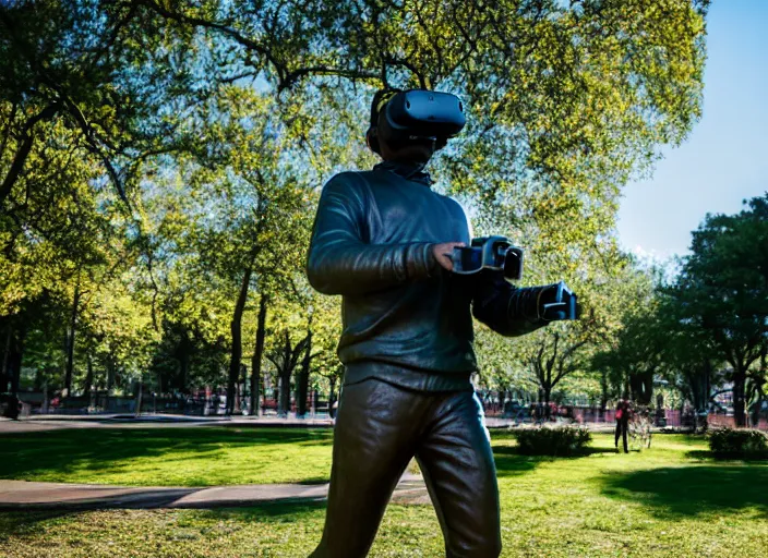 Image similar to photo still of a bronze statue of a man gaming in vr in a park on a bright sunny day, 8 k 8 5 mm f 1 6